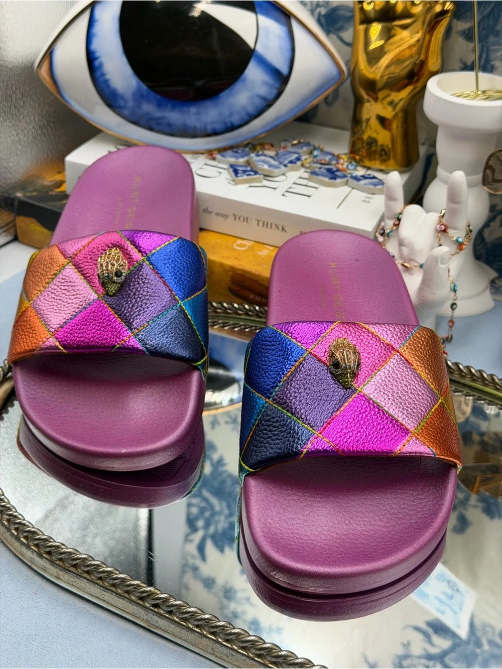 🆕 KURT GEIGER LONDON 🧿 NWOT Meena Eagle Metallic Diamond Slide, Sz 36.5 US 6.5